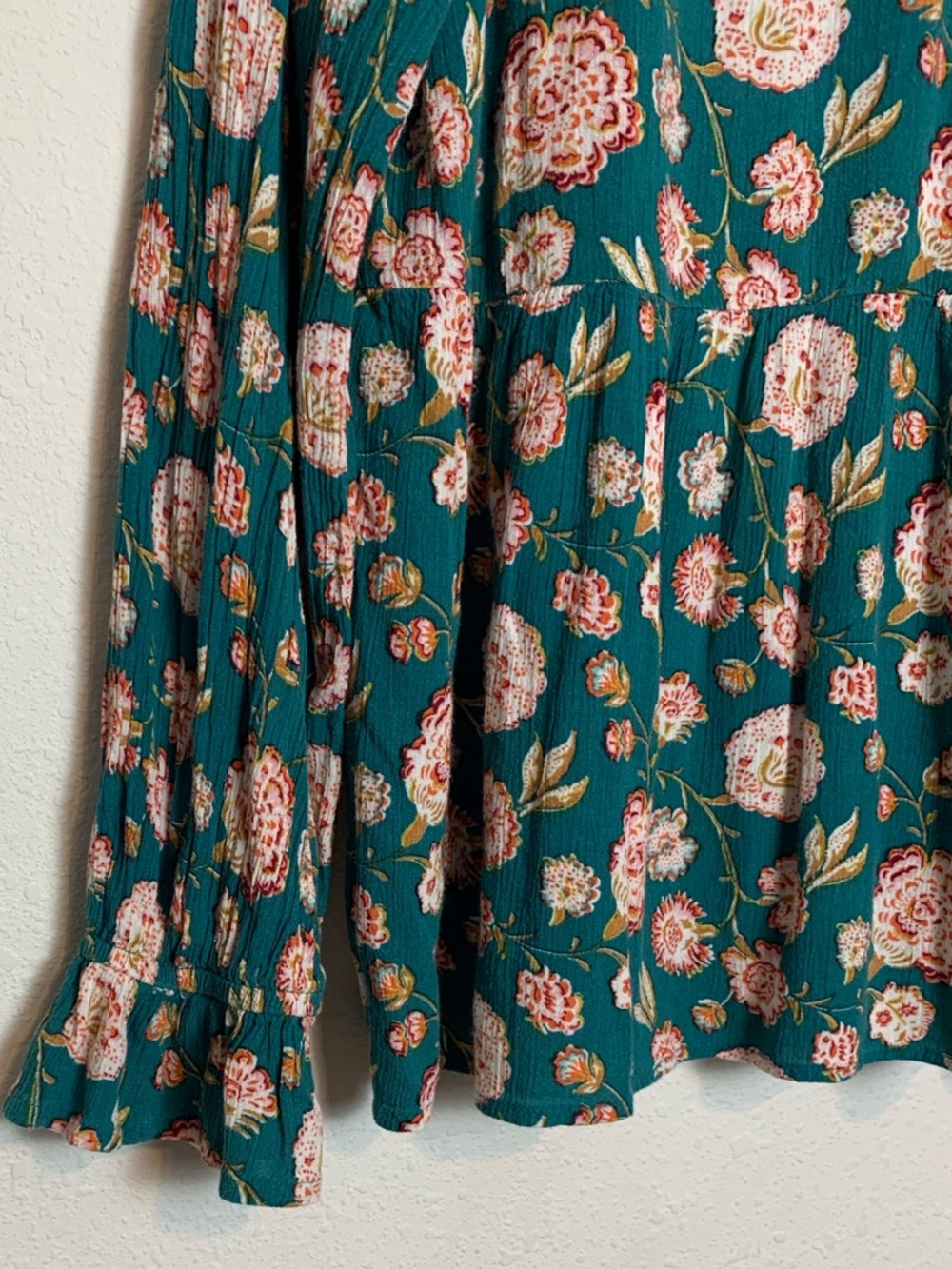 Wonderly Teal Floral Long-Sleeve Ruffle Peasant Blouse Large Rayon  Lightweight - Picture 4 of 8